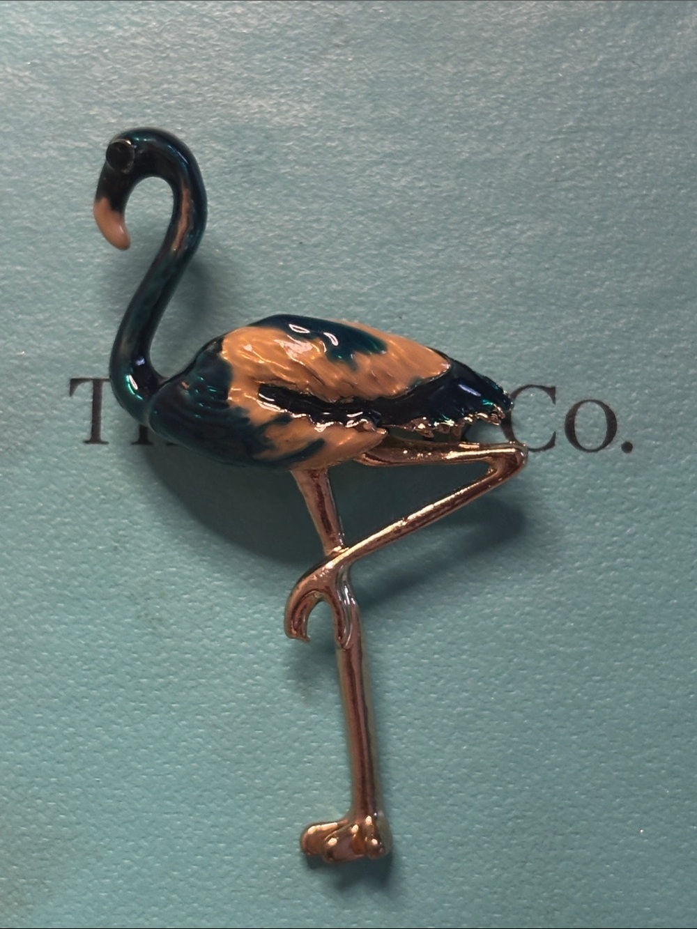Vintage Enamel Flamingo Pin in Teal and Cream